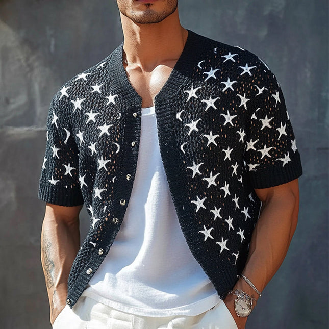 Men's Knit Shirt | Short Sleeve | Star Jacquard Pattern | Breathable Fabric | Regular Fit | Casual to Semi-Formal Wear | Versatile Styling | Comfortable All-Day Wear