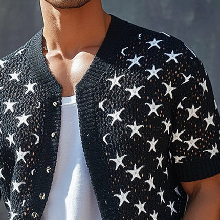 Men's Knit Shirt | Short Sleeve | Star Jacquard Pattern | Breathable Fabric | Regular Fit | Casual to Semi-Formal Wear | Versatile Styling | Comfortable All-Day Wear