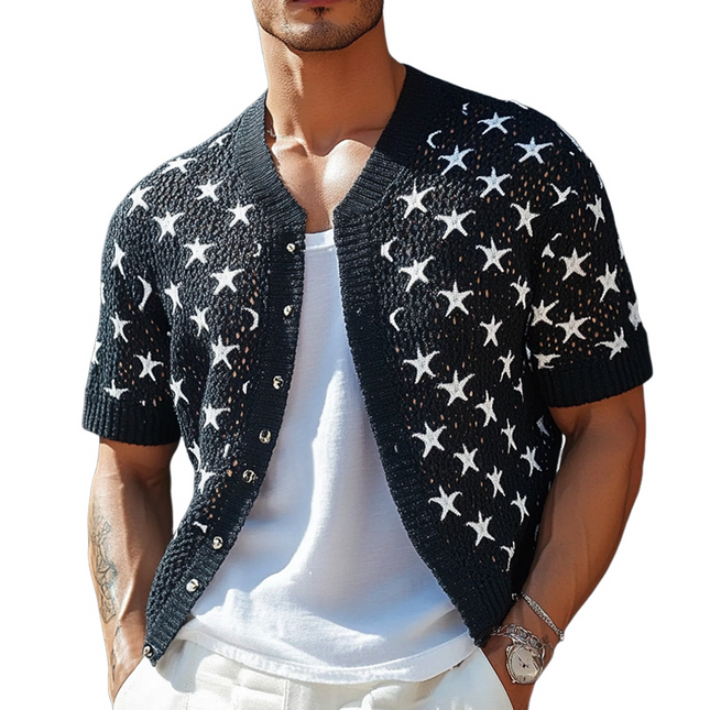 Men's Knit Shirt | Short Sleeve | Star Jacquard Pattern | Breathable Fabric | Regular Fit | Casual to Semi-Formal Wear | Versatile Styling | Comfortable All-Day Wear