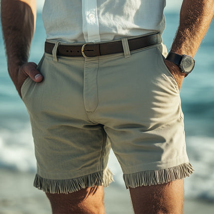 Men's Summer Retro Shorts | Light Green Tassel Patchwork Design | Vintage Style Above Knee Length | Lightweight Breathable Fabric | Casual Elegance | Sizes S-3XL