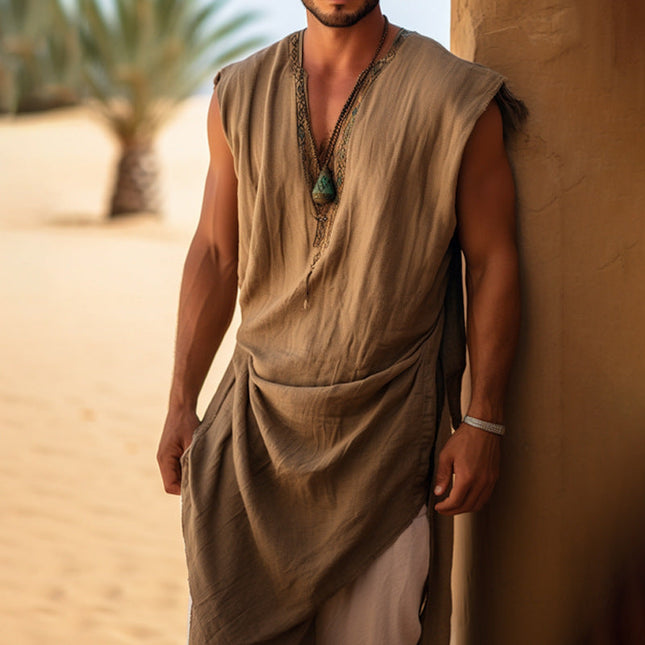 Men's Sleeveless Long Robe | Cotton Linen Blend | Breathable Comfort | Classic Design | Versatile Lounge Wear | Casual Outdoor | Minimalist Style | Perfect for Relaxation