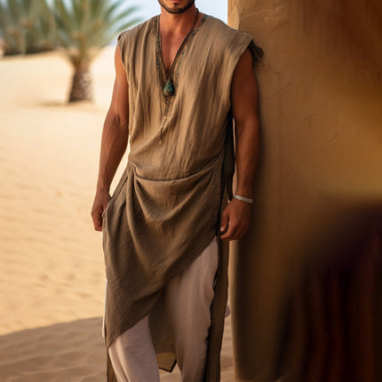 Men's Sleeveless Long Robe | Cotton Linen Blend | Breathable Comfort | Classic Design | Versatile Lounge Wear | Casual Outdoor | Minimalist Style | Perfect for Relaxation