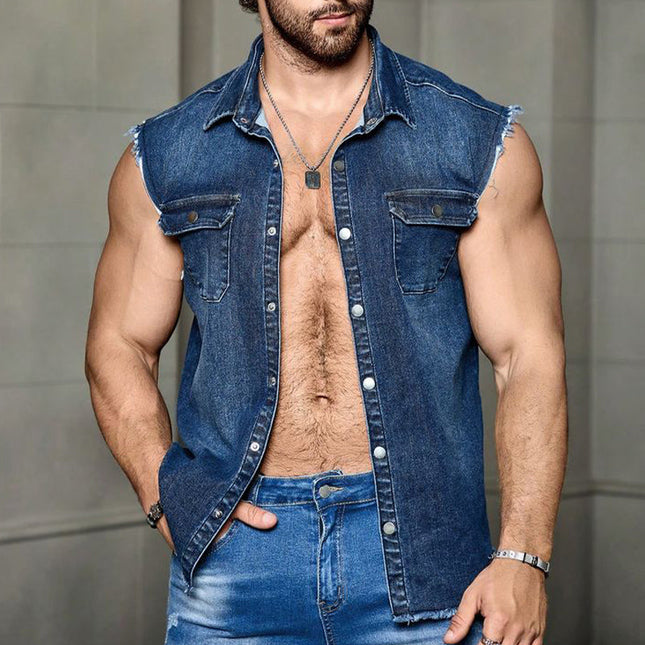 Men's Vintage Dark Blue Denim Vest | Summer Sleeveless Outerwear | Classic Style | Rugged Charm | Button-Front Closure | Breathable Fabric | Regular Fit | Versatile Layering | Sizes S-3XL | Fashion Forward