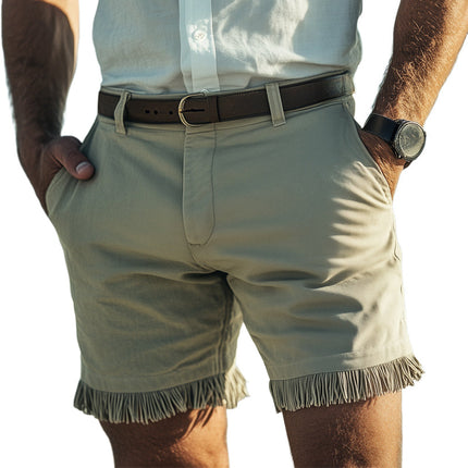 Men's Summer Retro Shorts | Light Green Tassel Patchwork Design | Vintage Style Above Knee Length | Lightweight Breathable Fabric | Casual Elegance | Sizes S-3XL