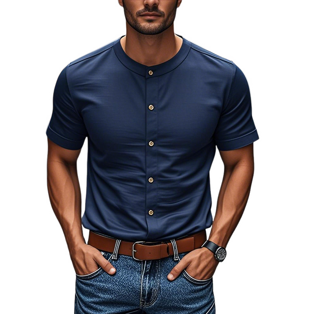 Men's Short Sleeve Slim Fit Shirt | Cotton | Round Neck | Single Breasted | Casual Wear | Soft & Breathable | Perfect for Summer | Versatile Styling | Easy Care | Comfortable | Modern Fit | Stylish Design