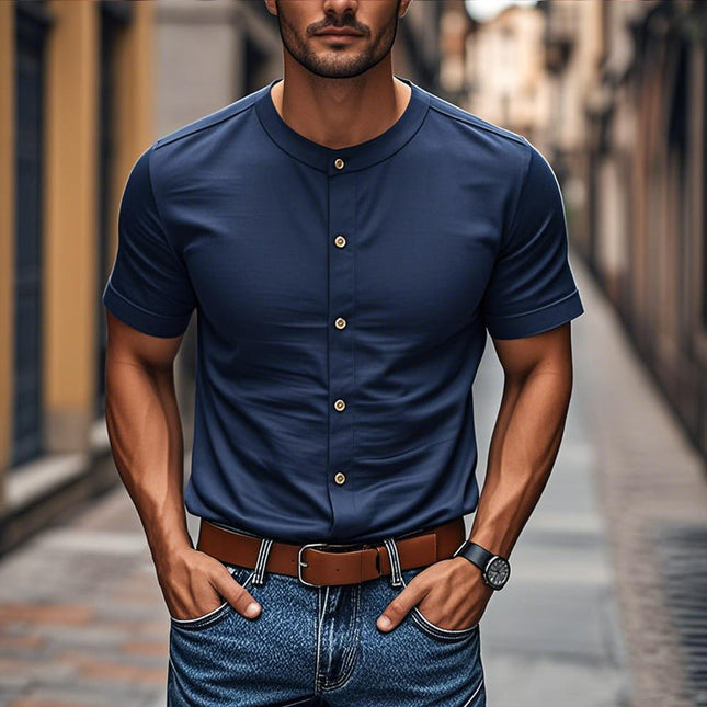 Men's Short Sleeve Slim Fit Shirt | Cotton | Round Neck | Single Breasted | Casual Wear | Soft & Breathable | Perfect for Summer | Versatile Styling | Easy Care | Comfortable | Modern Fit | Stylish Design