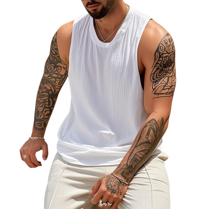 Men's Tank Top | Cotton Linen | Pleated Round Neck | Loose Fit | Breathable Lightweight | Casual Summer Shirt | Comfortable Relaxed Style | Perfect for Warm Weather | Easy Care