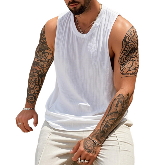 Men's Tank Top | Cotton Linen | Pleated Round Neck | Loose Fit | Breathable Lightweight | Casual Summer Shirt | Comfortable Relaxed Style | Perfect for Warm Weather | Easy Care