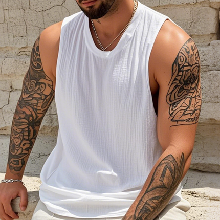 Men's Tank Top | Cotton Linen | Pleated Round Neck | Loose Fit | Breathable Lightweight | Casual Summer Shirt | Comfortable Relaxed Style | Perfect for Warm Weather | Easy Care