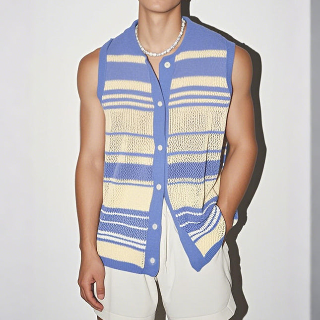 Men's Sleeveless Shirt | Contrast Color Striped | Round Neck | Single Breasted Button | Knitted Fabric | Casual Everyday Wear | Soft Breathable Material | Fashion for Active Lifestyle