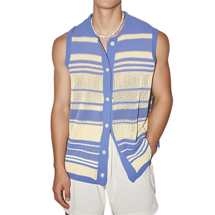 Men's Sleeveless Shirt | Contrast Color Striped | Round Neck | Single Breasted Button | Knitted Fabric | Casual Everyday Wear | Soft Breathable Material | Fashion for Active Lifestyle