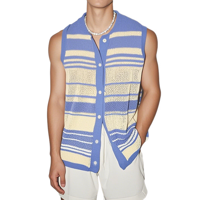 Men's Sleeveless Shirt | Contrast Color Striped | Round Neck | Single Breasted Button | Knitted Fabric | Casual Everyday Wear | Soft Breathable Material | Fashion for Active Lifestyle