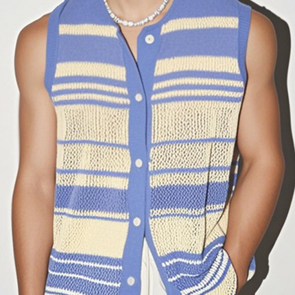 Men's Sleeveless Shirt | Contrast Color Striped | Round Neck | Single Breasted Button | Knitted Fabric | Casual Everyday Wear | Soft Breathable Material | Fashion for Active Lifestyle