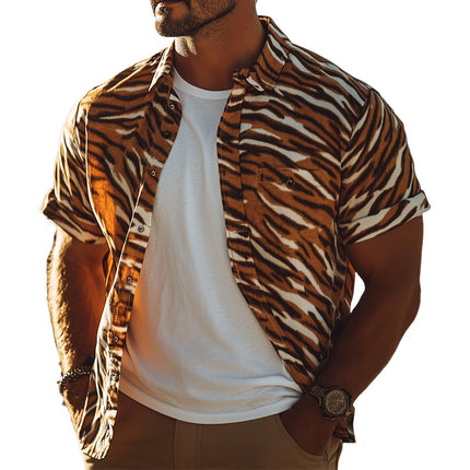 Men's Retro Tiger Print Shirt | Casual Short Sleeve | Summer Fashion | Bold Pattern | Classic Lapel Collar | Breathable Cotton-Blend | Versatile Style | Various Sizes | Adventure-Inspired Design