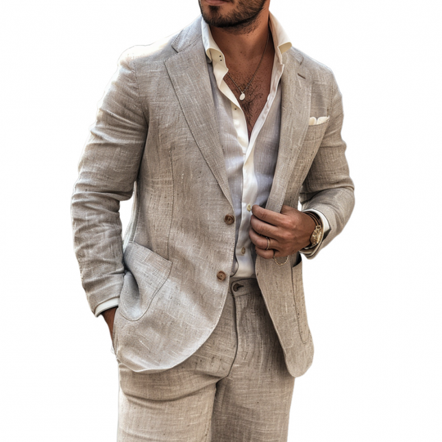 Men's Slim Fit Blazer | Casual Linen Blend | Notched Lapel | Single Breasted | Lightweight Breathable | Versatile Styling | Ideal for Casual to Semi-Formal Events | Comfortable and Durable | Tailored Modern Silhouette