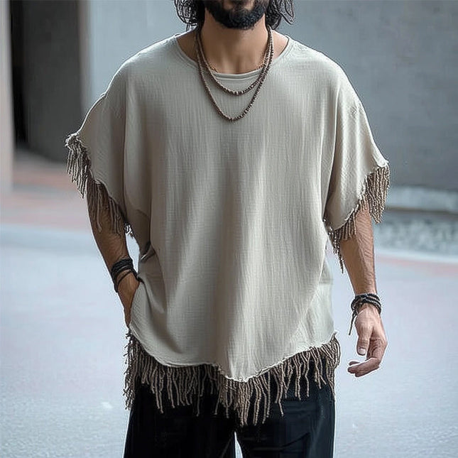 Men's Summer T-Shirt | Ice Silk | Wrinkled Texture | Tassel Details | Loose Fit | Short Sleeves | Crew Neck | Lightweight | Breathable | Versatile Casual Style | S-3XL