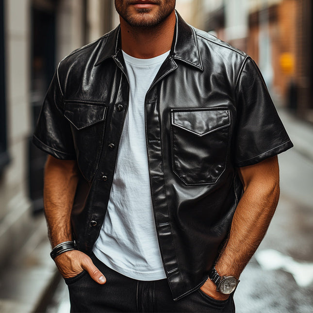 Men's Summer Shirt | Loose Fit Black PU Leather | Short Sleeve | Lightweight Breathable | Classic Point Collar | Modern Fashion Casual | Versatile Elegant Top | Sizes S to 3XL