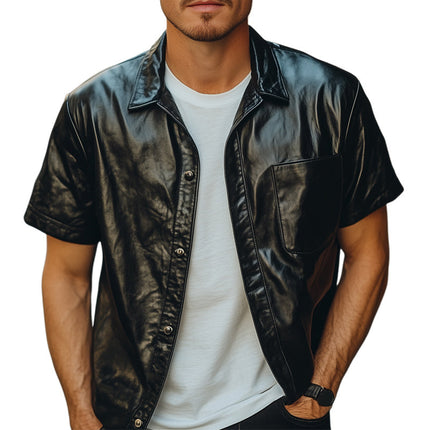 Men's Black Summer Leather Shirt | Short Sleeve | Loose Fit | Fashion Forward | Point Collar | Breathable PU Leather | Casual & Semi-Formal | Comfortable & Modern | Versatile | Sizes S-3XL