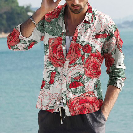 Men's Floral Print Long Sleeve Dress Shirt | Tailored Fit | Classic Lapel Collar | Vibrant Bold Pattern | Premium Breathable Fabric | Versatile for Casual or Semi-Formal Occasions