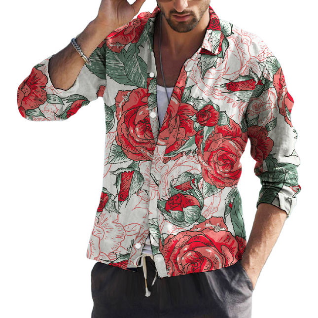 Men's Floral Print Long Sleeve Dress Shirt | Tailored Fit | Classic Lapel Collar | Vibrant Bold Pattern | Premium Breathable Fabric | Versatile for Casual or Semi-Formal Occasions