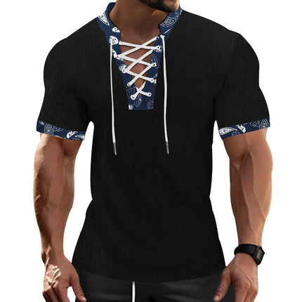 Men's T-Shirt | Short Sleeve | Contrast Color | Laced Front | Casual Fashion Tee | Soft Breathable Fabric | Modern Style | Versatile Wardrobe Staple | Comfortable Everyday Wear