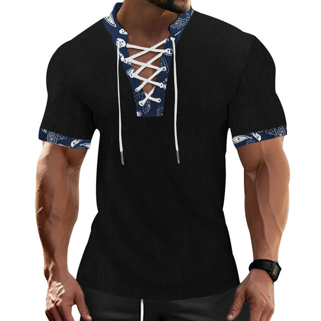 Men's T-Shirt | Short Sleeve | Contrast Color | Laced Front | Casual Fashion Tee | Soft Breathable Fabric | Modern Style | Versatile Wardrobe Staple | Comfortable Everyday Wear