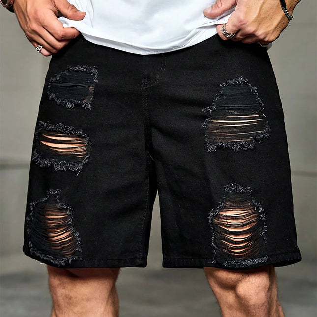 Men's Summer Black Ripped Denim Shorts | Loose Fit | Trendy Casual Style | High-Quality Knee-Length | Fashionable Rip Accents | Soft Durable Fabric | Functional Pockets | Versatile Warm Weather Outfit