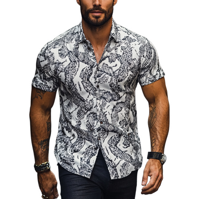 Men's Printed Button-Down Shirt | Short Sleeve | Casual Lapel Collar | Stylish Pattern | Breathable Fabric | Regular Fit | Smart-Casual Top