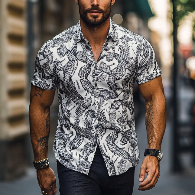 Men's Printed Button-Down Shirt | Short Sleeve | Casual Lapel Collar | Stylish Pattern | Breathable Fabric | Regular Fit | Smart-Casual Top