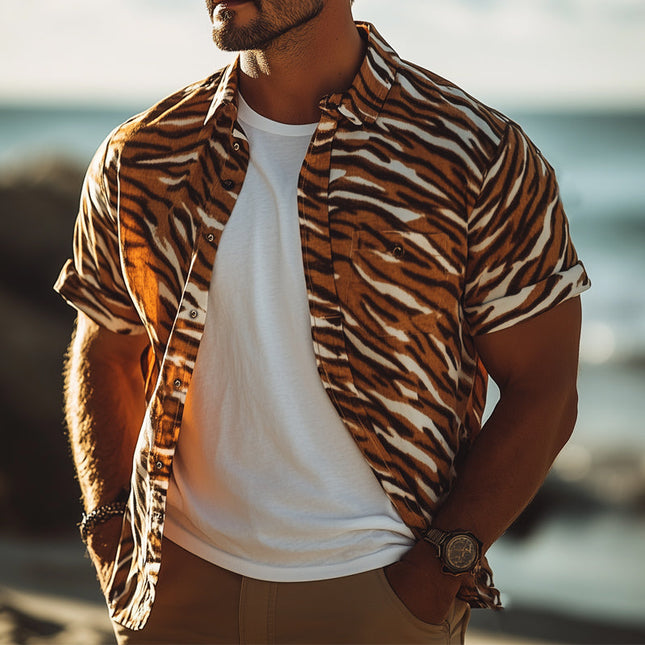 Men's Retro Tiger Print Shirt | Casual Short Sleeve | Summer Fashion | Bold Pattern | Classic Lapel Collar | Breathable Cotton-Blend | Versatile Style | Various Sizes | Adventure-Inspired Design