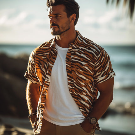 Men's Retro Tiger Print Shirt | Casual Short Sleeve | Summer Fashion | Bold Pattern | Classic Lapel Collar | Breathable Cotton-Blend | Versatile Style | Various Sizes | Adventure-Inspired Design