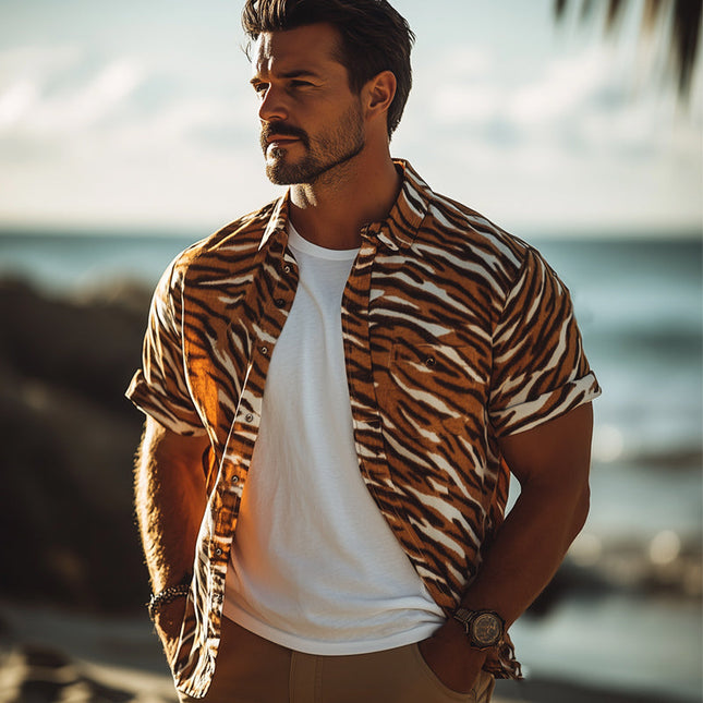 Men's Retro Tiger Print Shirt | Casual Short Sleeve | Summer Fashion | Bold Pattern | Classic Lapel Collar | Breathable Cotton-Blend | Versatile Style | Various Sizes | Adventure-Inspired Design