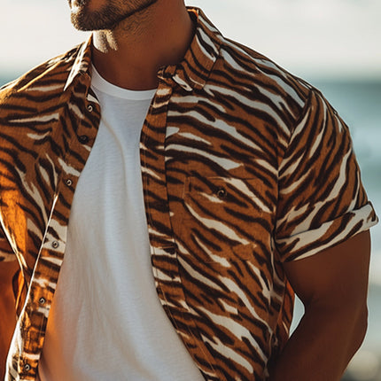 Men's Retro Tiger Print Shirt | Casual Short Sleeve | Summer Fashion | Bold Pattern | Classic Lapel Collar | Breathable Cotton-Blend | Versatile Style | Various Sizes | Adventure-Inspired Design