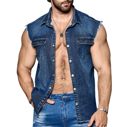 Men's Vintage Dark Blue Denim Vest | Summer Sleeveless Outerwear | Classic Style | Rugged Charm | Button-Front Closure | Breathable Fabric | Regular Fit | Versatile Layering | Sizes S-3XL | Fashion Forward