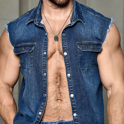 Men's Vintage Dark Blue Denim Vest | Summer Sleeveless Outerwear | Classic Style | Rugged Charm | Button-Front Closure | Breathable Fabric | Regular Fit | Versatile Layering | Sizes S-3XL | Fashion Forward