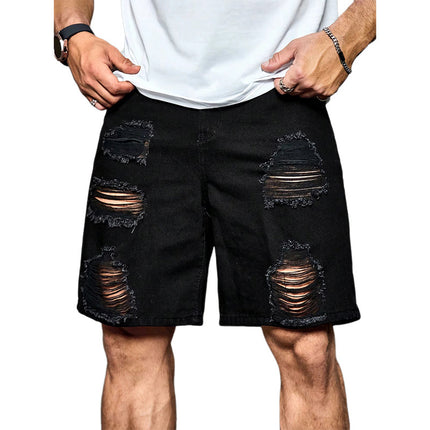 Men's Summer Black Ripped Denim Shorts | Loose Fit | Trendy Casual Style | High-Quality Knee-Length | Fashionable Rip Accents | Soft Durable Fabric | Functional Pockets | Versatile Warm Weather Outfit