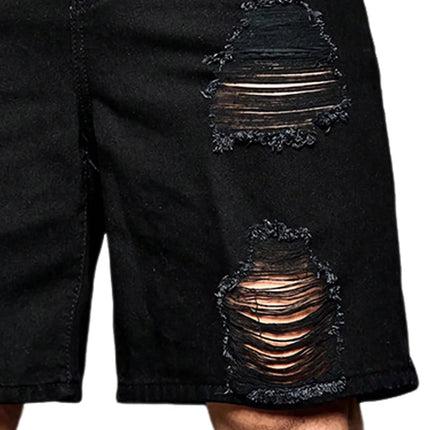 Men's Summer Black Ripped Denim Shorts | Loose Fit | Trendy Casual Style | High-Quality Knee-Length | Fashionable Rip Accents | Soft Durable Fabric | Functional Pockets | Versatile Warm Weather Outfit