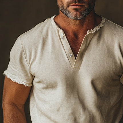 Men's V-Neck T-Shirt | Summer Lightweight | Comfortable Light Khaki | Raw Edge Design | Short Sleeve | Breathable Cotton Blend | Stylish Casual Top