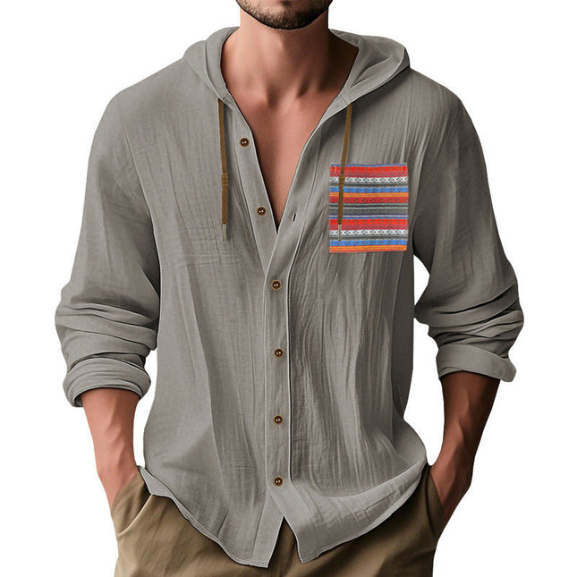 Men's Cotton Hoodie | Button-Up Style | Long Sleeve | Adjustable Drawstring Hood | Unique Contrast Pocket Design | Casual Comfort