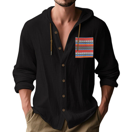 Men's Cotton Hoodie | Button-Up Style | Long Sleeve | Adjustable Drawstring Hood | Unique Contrast Pocket Design | Casual Comfort