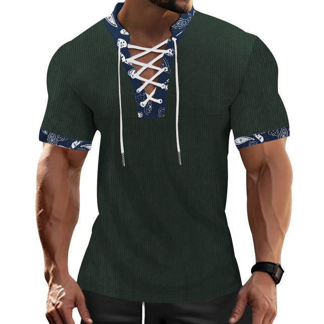 Men's T-Shirt | Short Sleeve | Contrast Color | Laced Front | Casual Fashion Tee | Soft Breathable Fabric | Modern Style | Versatile Wardrobe Staple | Comfortable Everyday Wear