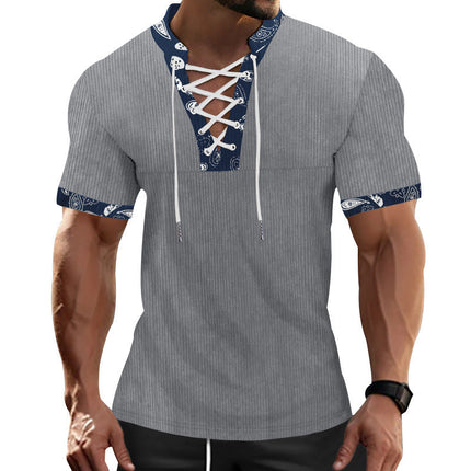 Men's T-Shirt | Short Sleeve | Contrast Color | Laced Front | Casual Fashion Tee | Soft Breathable Fabric | Modern Style | Versatile Wardrobe Staple | Comfortable Everyday Wear