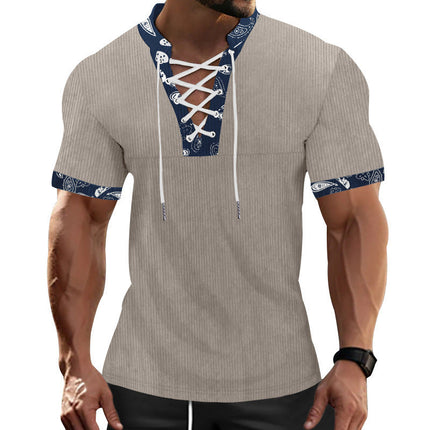 Men's T-Shirt | Short Sleeve | Contrast Color | Laced Front | Casual Fashion Tee | Soft Breathable Fabric | Modern Style | Versatile Wardrobe Staple | Comfortable Everyday Wear