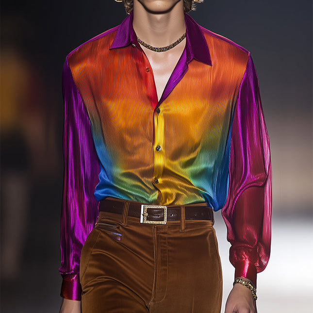 Men's Retro Rainbow Print Shirt | Long Sleeve | Light Lapel | Casual Fit | Vibrant Design | Trendy Style | Comfortable Polyester | Multiple Sizes | Perfect for Casual Outings & Social Events