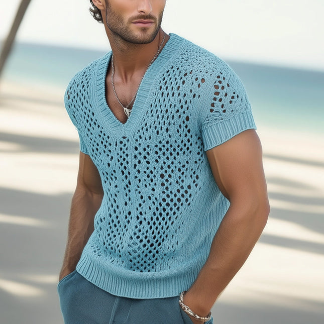 Men's Summer T-Shirt | V-Neck | Breathable Knitted Mesh | Lightweight | Stylish Casual Wear | Comfortable Tee for Warm Weather | Fashionable Design | Ideal for Summer Outfits