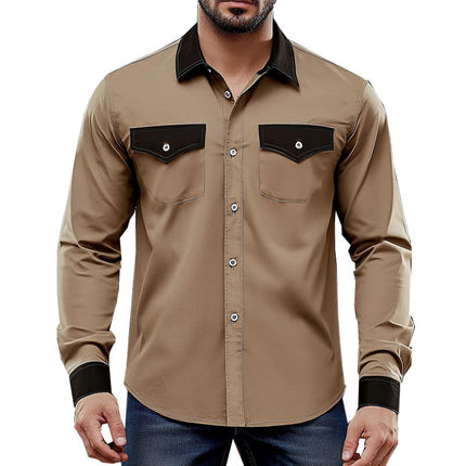 Men's Long Sleeve Shirt | Comfortable Colorblock Design | Khaki & Contrasting Tones | Breathable Cotton Blend | Relaxed Fit | Work & Casual Wear