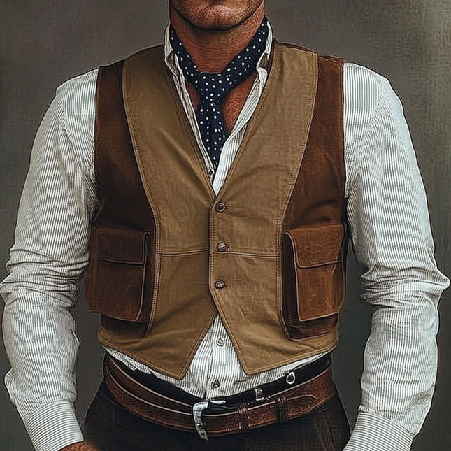 Men's Suede Vest | Three-Button Brown | Colorblock Design | Tailored Fit | Durable Suede | Fully Lined | Side Pockets | Classic Style | Versatile Layering | Elegant | Comfortable Fashion