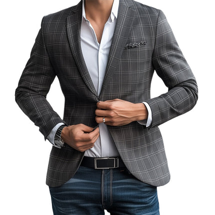 Men's Gray Plaid Blazer | Tailored Fit | Two-Button Closure | Spring & Autumn Wear | Elegant Texture | Sizes S to 3XL | Versatile Styling