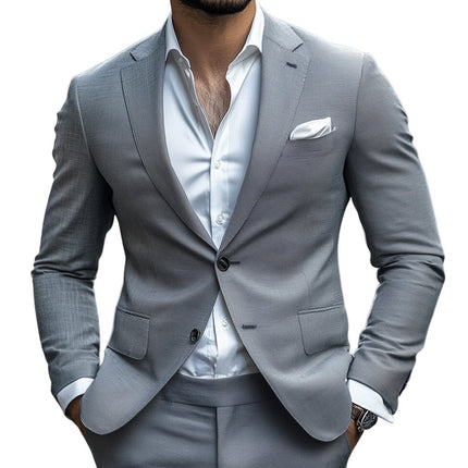 Men's Two-Button Suit Blazer | Light Grey | Spring & Autumn | Classic Fit | Fully Lined | Elegant Office & Wedding Attire | High-Quality Breathable Fabric | Versatile & Stylish | Regular Fit | Sophisticated Men's Jacket
