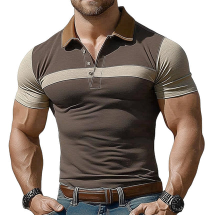 Men's Polo Collar T-Shirt | Brown Colorblock Design | Stretch Slim Fit | Breathable Summer Top | Classic Sporty Style | Versatile Casual Wear